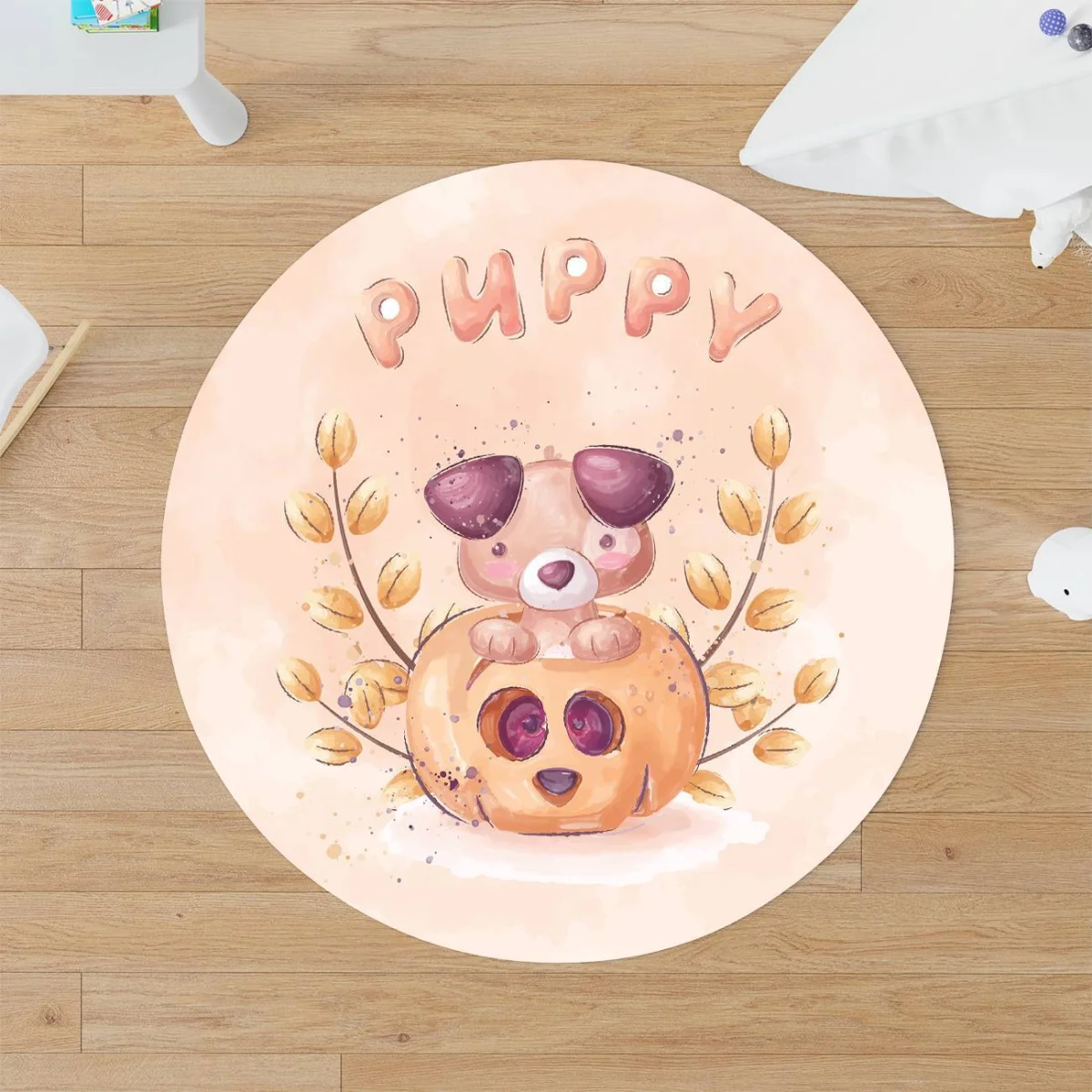 Köpek Yavrusu Yuvarlak Halı | Şeftali balkabağı, sonbahar dalları Desenli