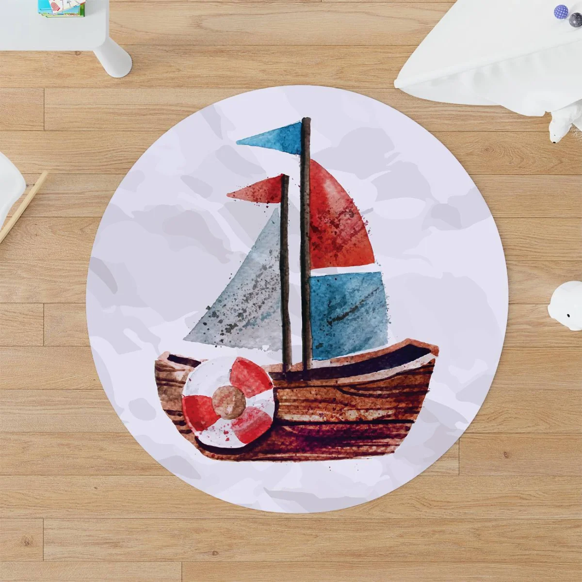 Yelkenli Tekne Yuvarlak Halı | Beyaz cankurtaran simidi, kırmızı Desenli