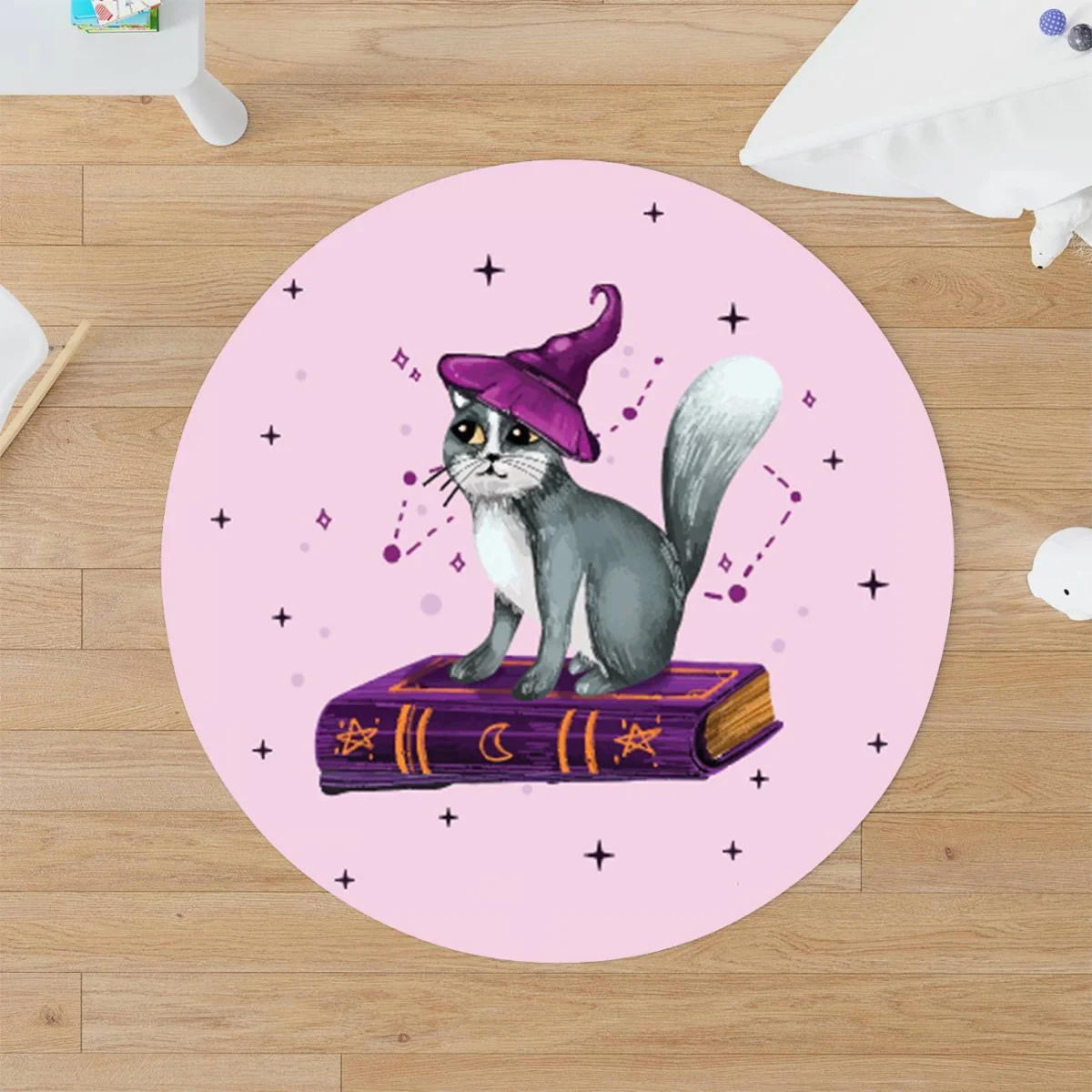 Sihirli Kedi Yuvarlak Halı | Açık Mor Yıldızlar, ay Desenli