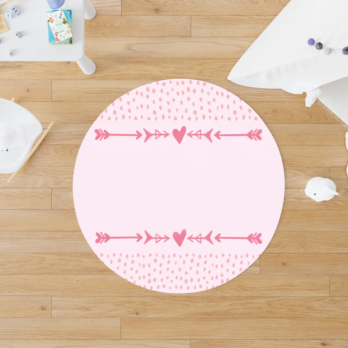 Kalp Yuvarlak Halı | Pembe yapraklı dallar, minik kalpler Desenli