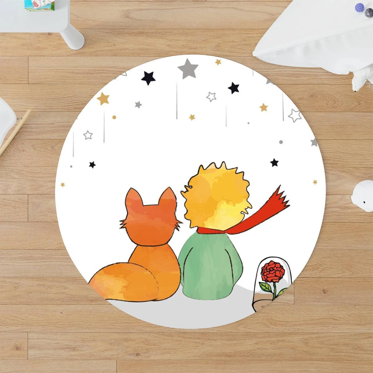 Küçük Prens, Tilki, Gül Yuvarlak Halı | Beyaz yıldızlar, gri Desenli