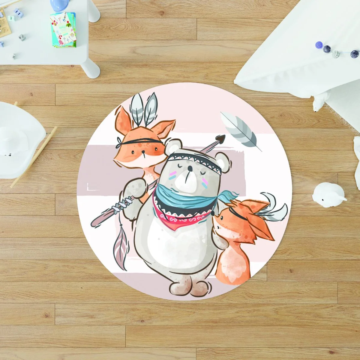 Orman Hayvanları Yuvarlak Halı | Beyaz tüyler, ok Desenli