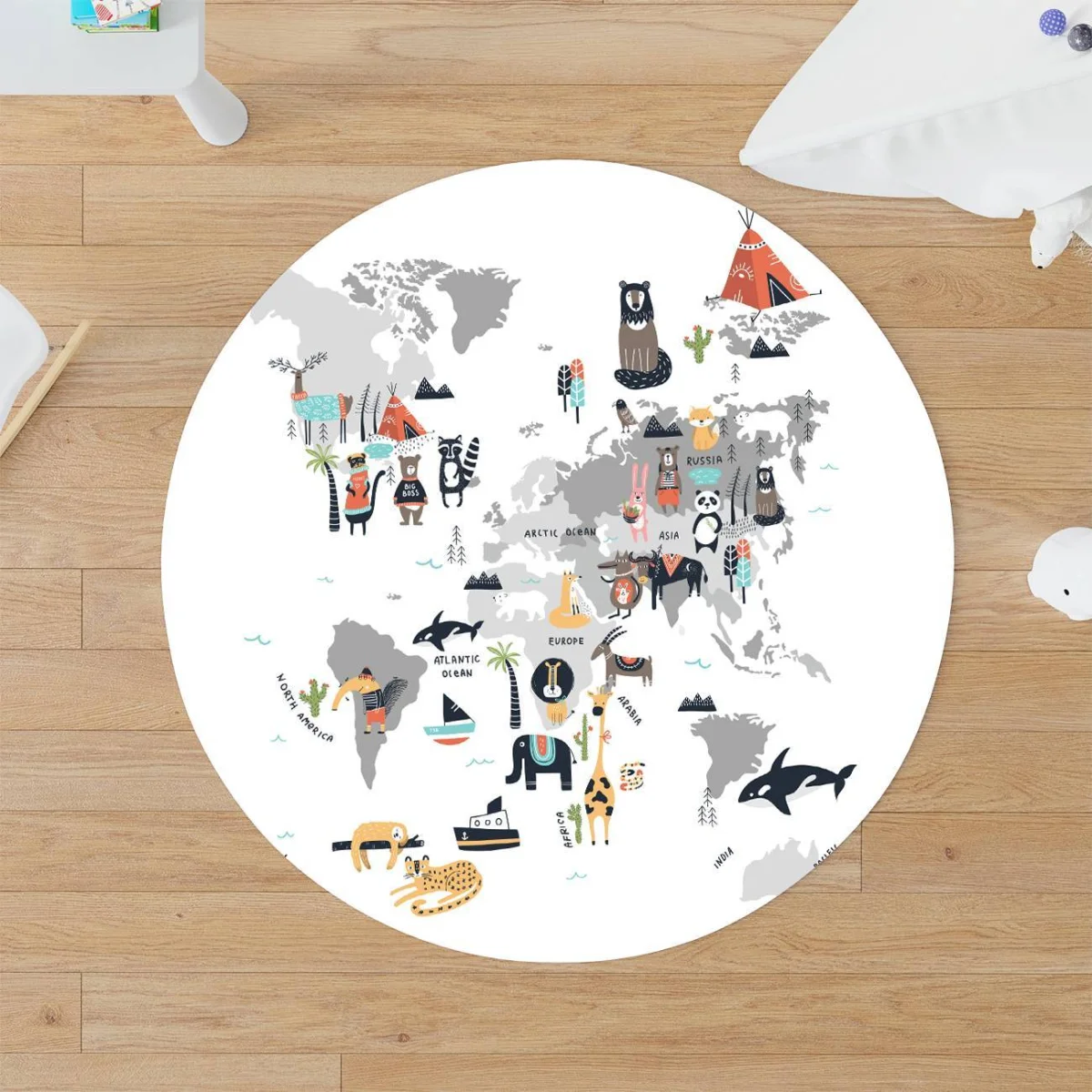 Dünya Haritası ve Hayvanlar Yuvarlak Halı | Beyaz kıtalar, okyanuslar Desenli
