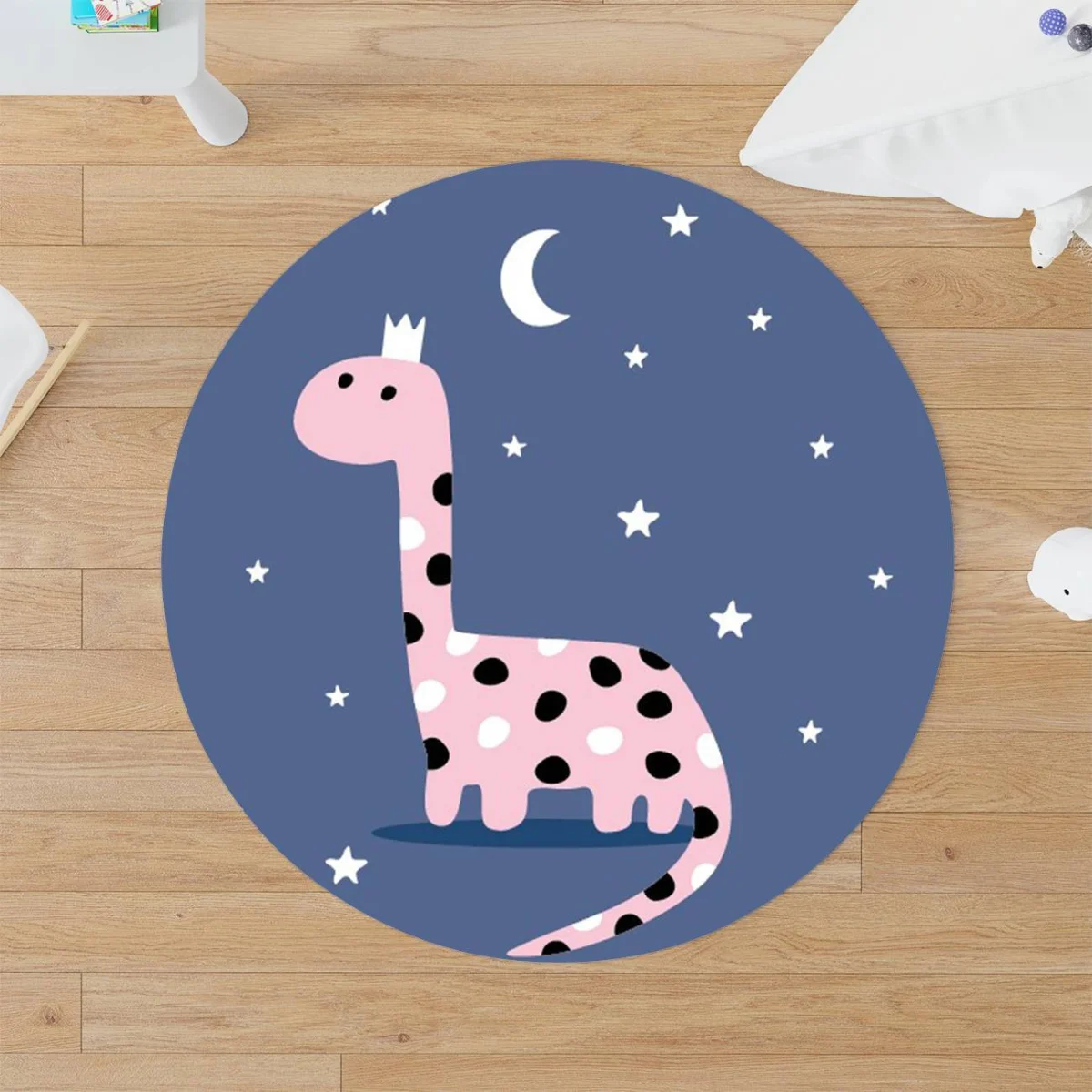 Taçlı Dinozor Yuvarlak Halı | Mavi ay, yıldız Desenli