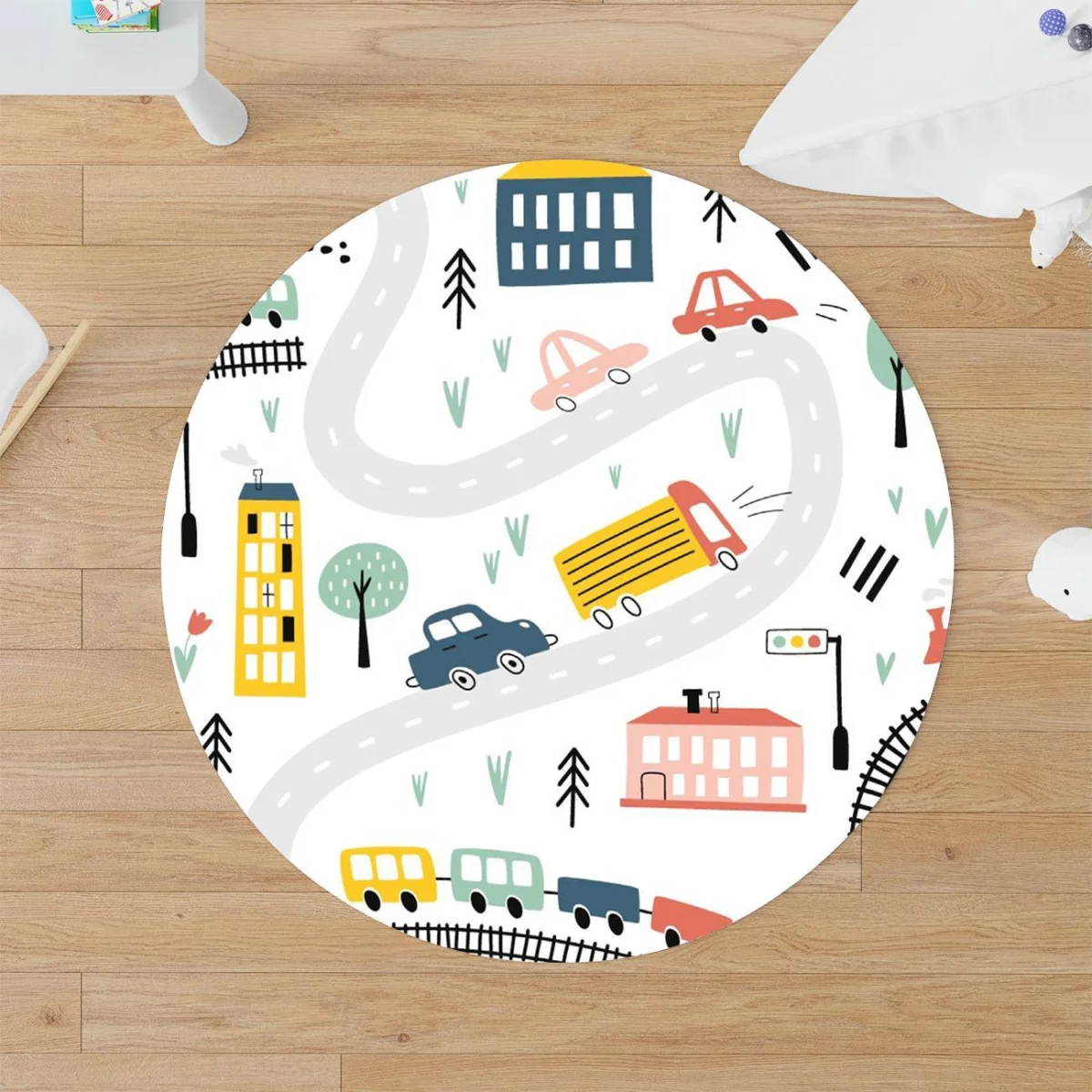 Şehir ve Araçlar Yuvarlak Halı | Beyaz Yollar, binalar Desenli