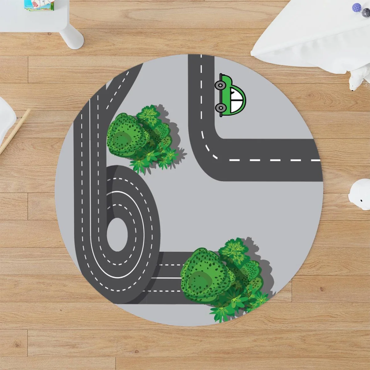 Yollar ve Arabalar Yuvarlak Halı | Gri arabalar, ağaçlar Desenli