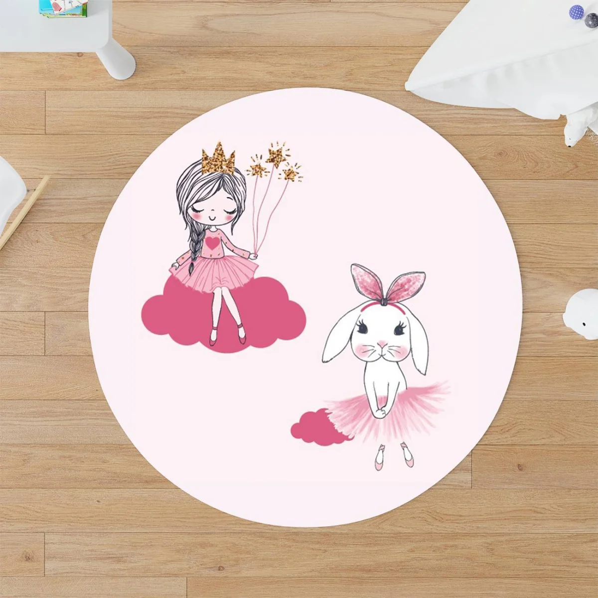 Balerin Yuvarlak Halı | Pembe bulut, taç Desenli