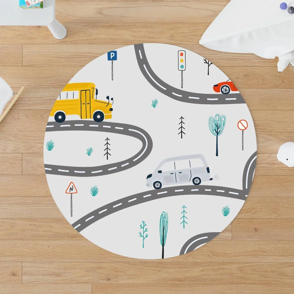 Araçlar Yuvarlak Halı | Beyaz yollar, arabalar Desenli