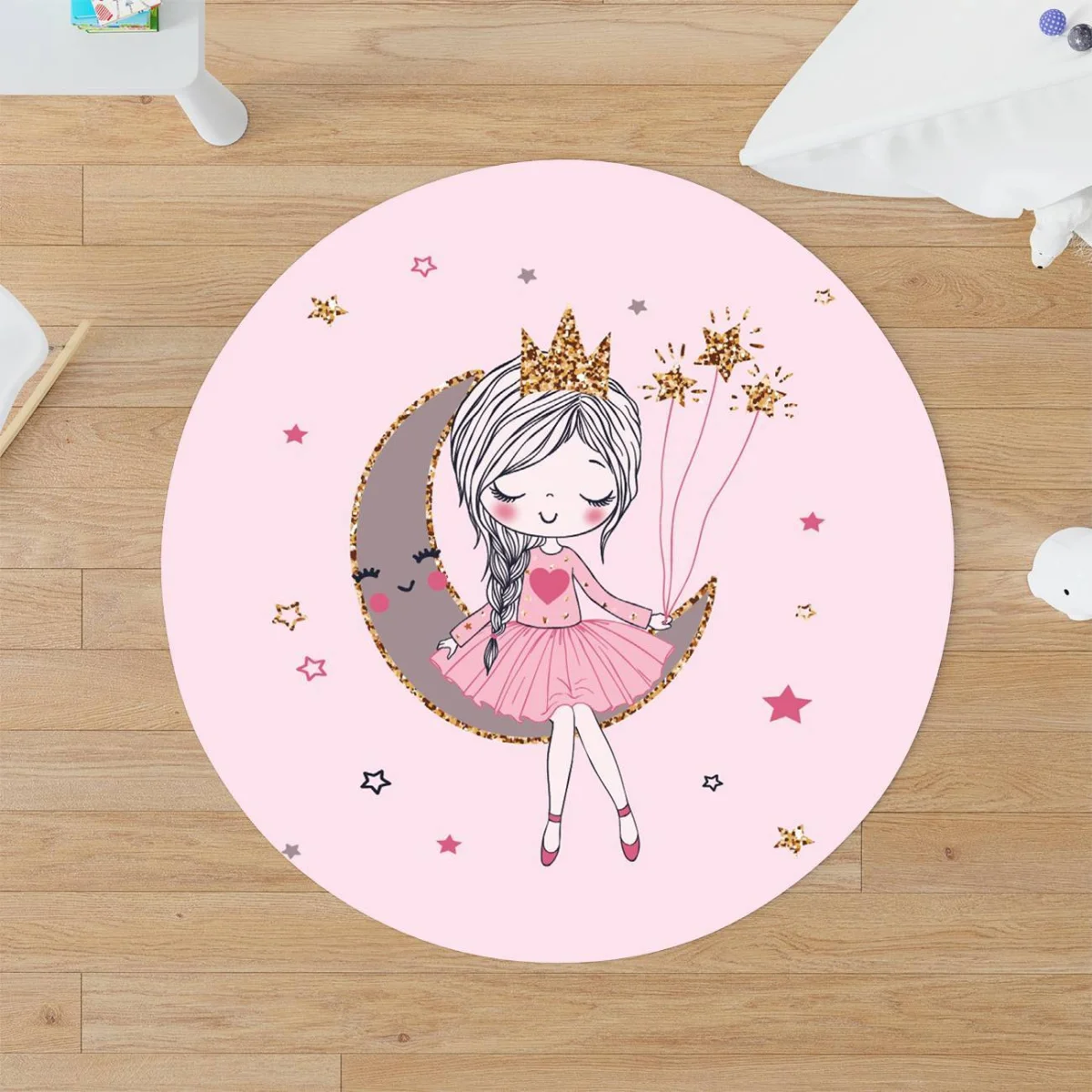 Peri kız ve ay Yuvarlak Halı | Pembe yıldızlar, pırıltılar Desenli