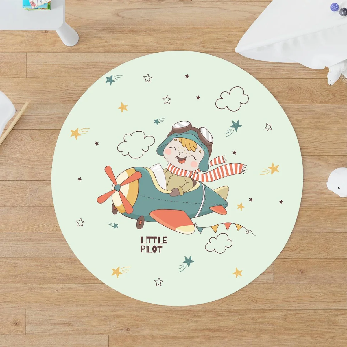 Küçük Pilot, Uçak Yuvarlak Halı | Açık Yeşil yıldız, bulut Desenli