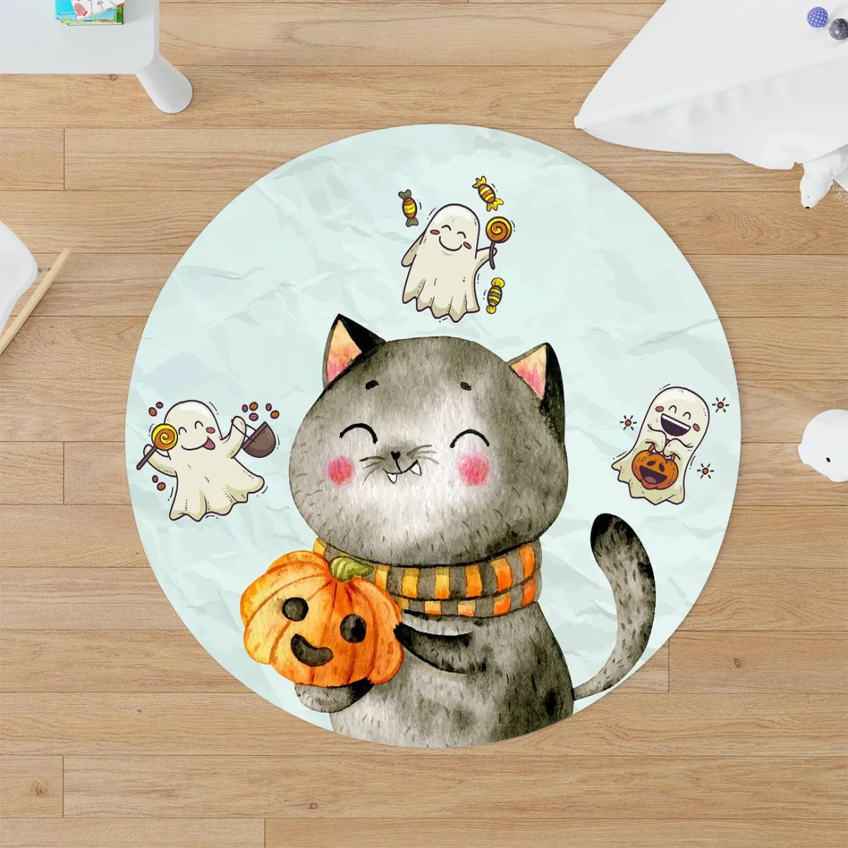 Kedi ve Hayaletler Yuvarlak Halı | Açık Mavi Kedi, hayaletler Desenli