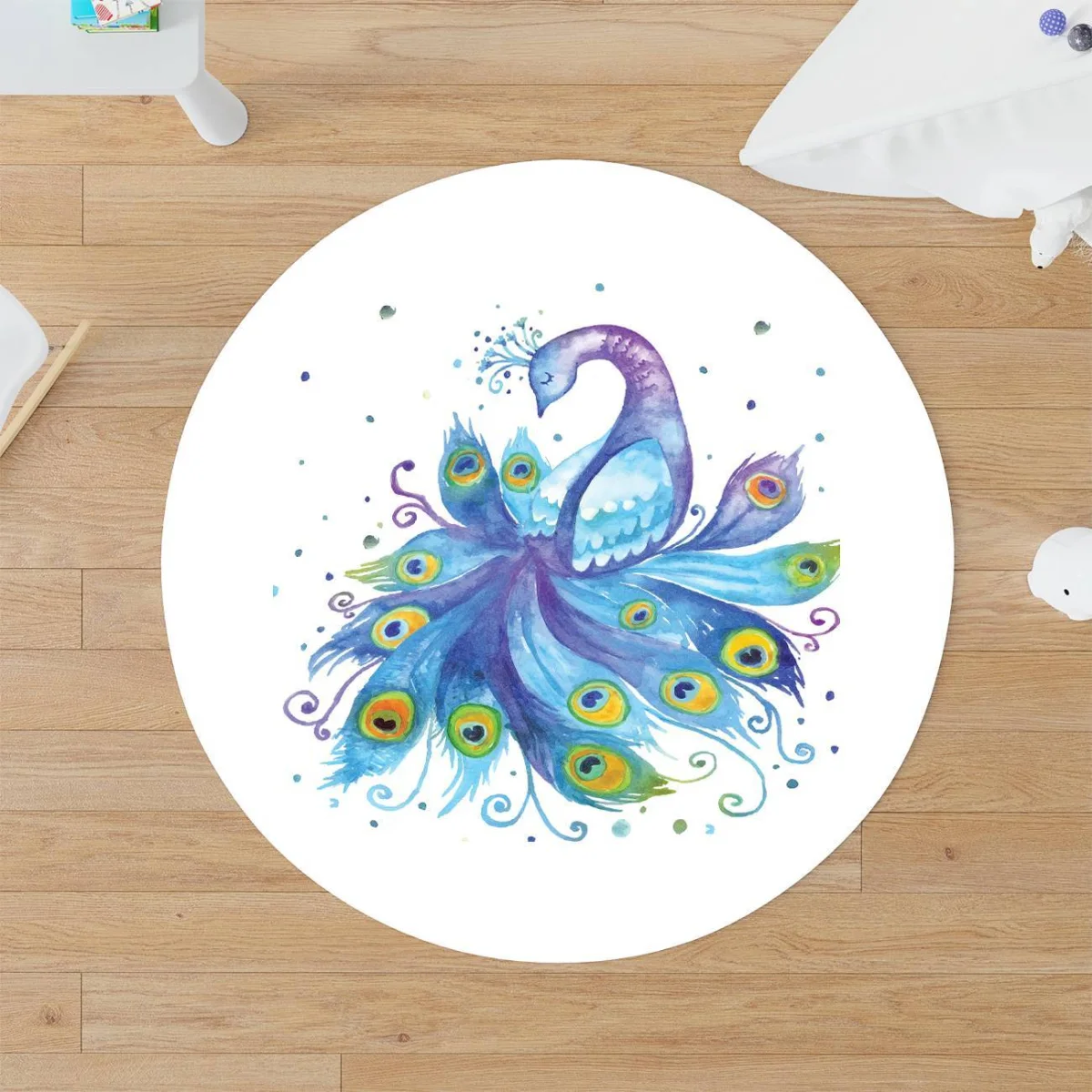 Tavus kuşu Yuvarlak Halı | Beyaz Renkli noktalar, stilize kıvrımlar Desenli