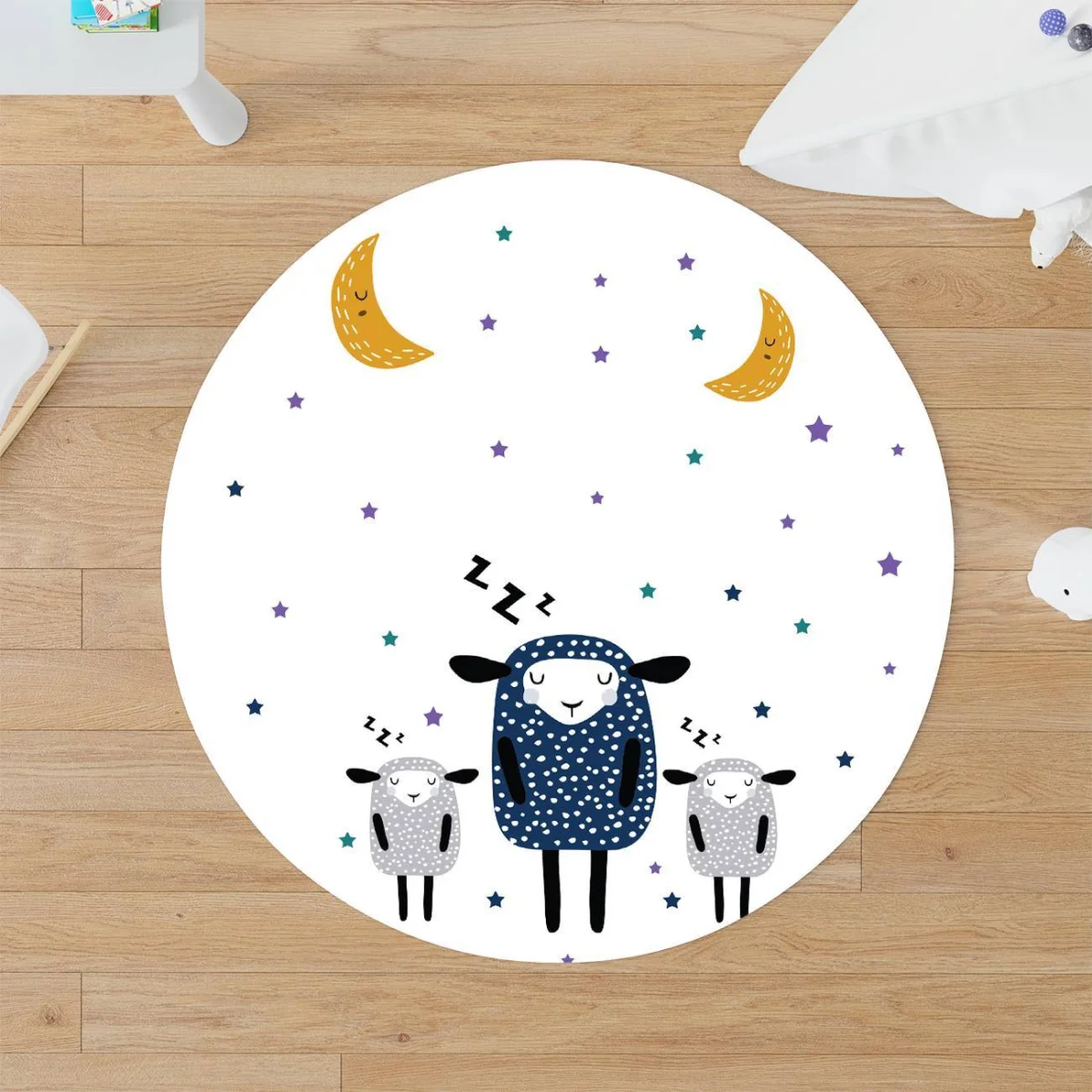 Koyunlar ve Uyku Teması Yuvarlak Halı | Beyaz Uyuyan koyunlar, ay ve yıldızlar Desenli