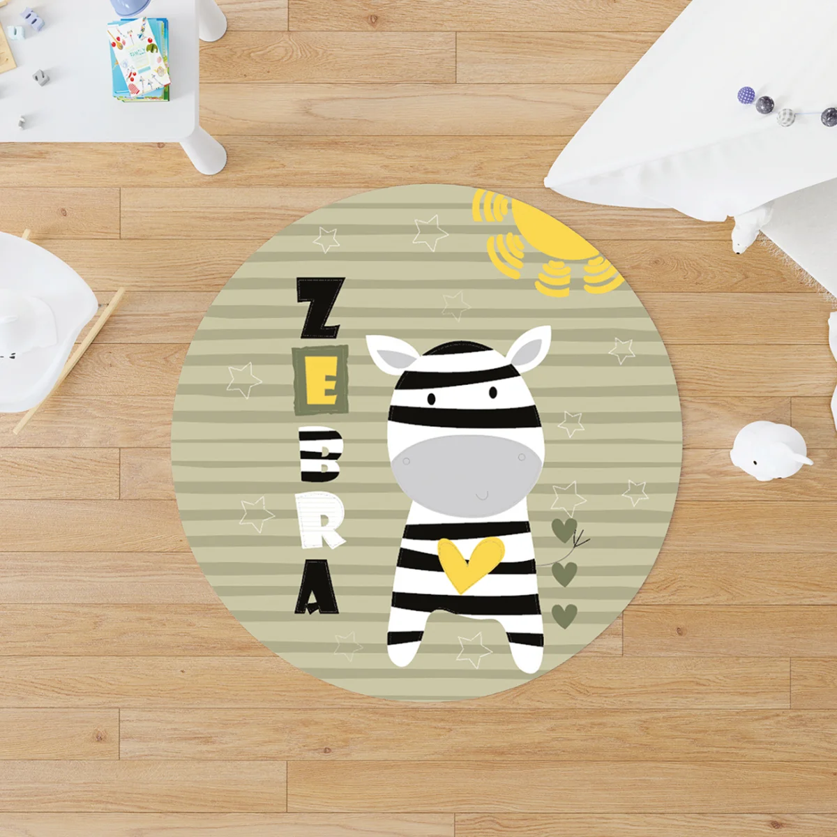 Zebra Yuvarlak Halı | Yeşil çizgiler, yıldız Desenli