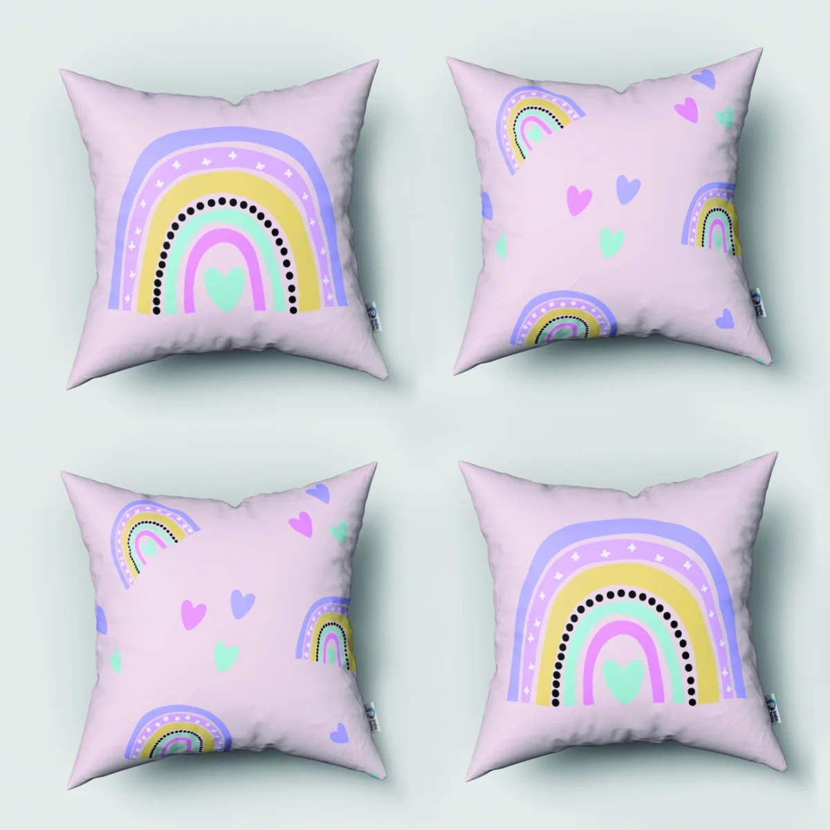 Gökkuşağı 4lü Kırlent | Pembe gökkuşağı, kalpler Desenli