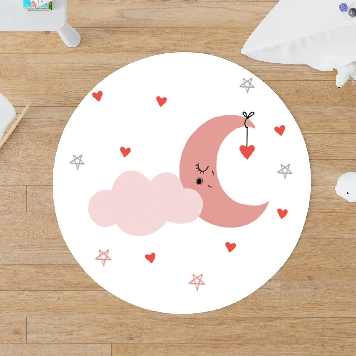 Ay ve Bulut Yuvarlak Halı | Beyaz pembe ay, bulut Desenli