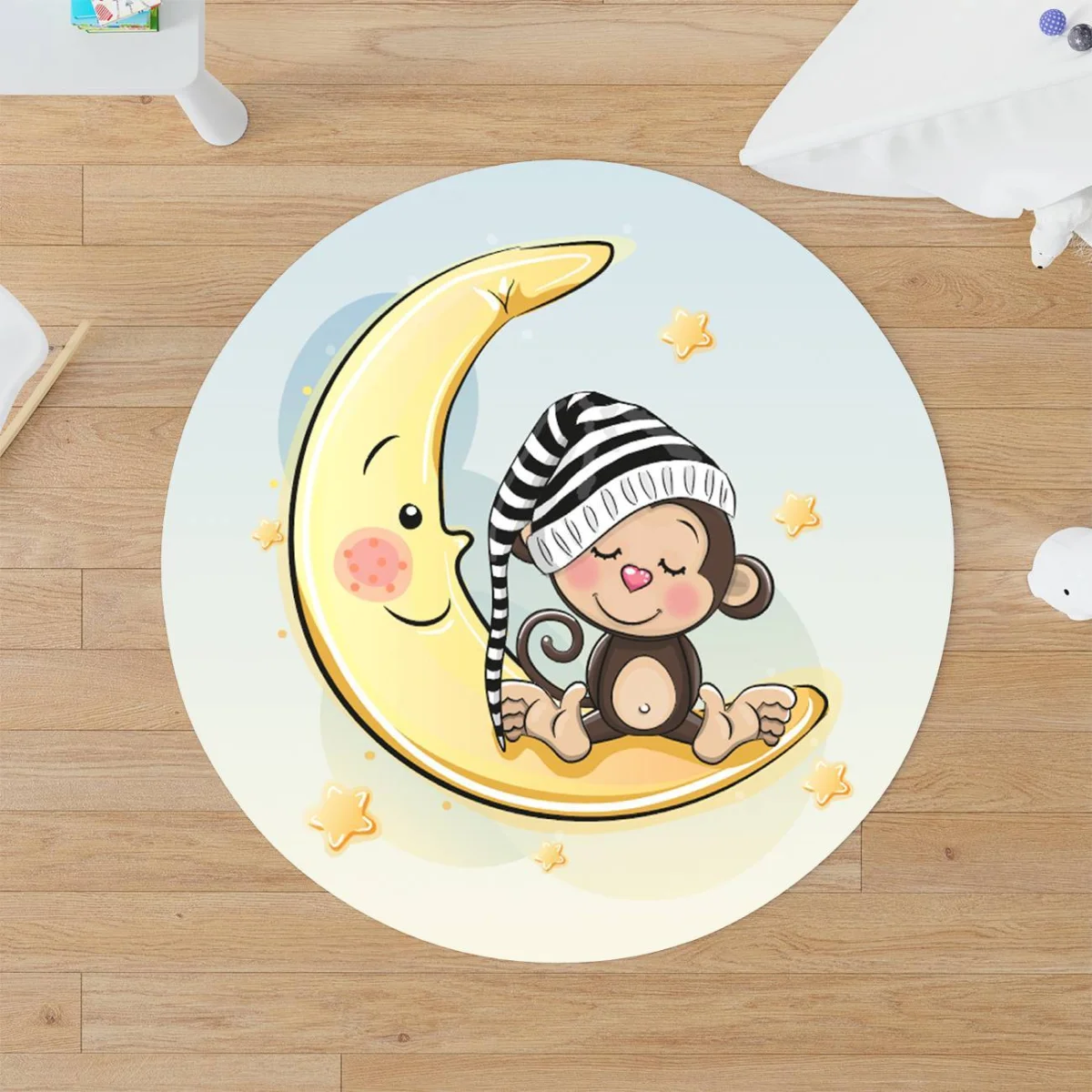 Ay ve Maymun Yuvarlak Halı | Mavi yıldız, ay Desenli