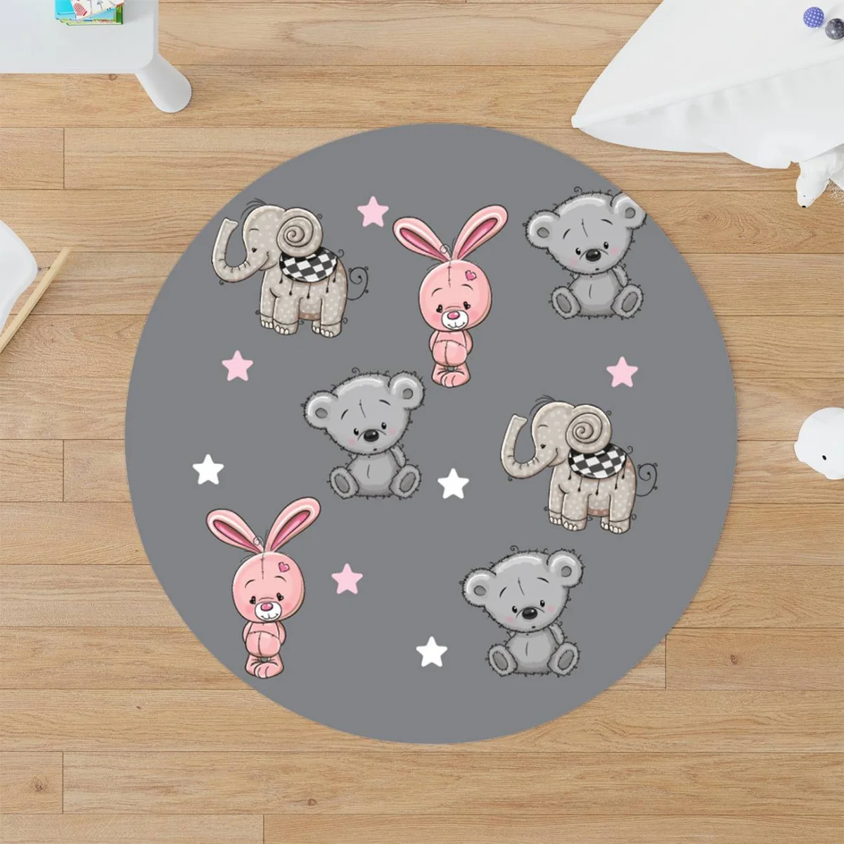 Hayvanlar Yuvarlak Halı | Gri yıldızlar, seksek oyunu Desenli