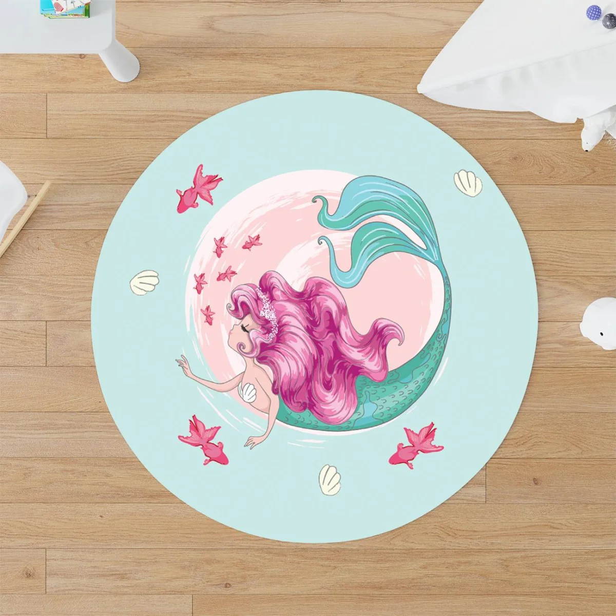 Deniz Kızı Yuvarlak Halı | Mavi pembe balıklar, deniz kabukları Desenli