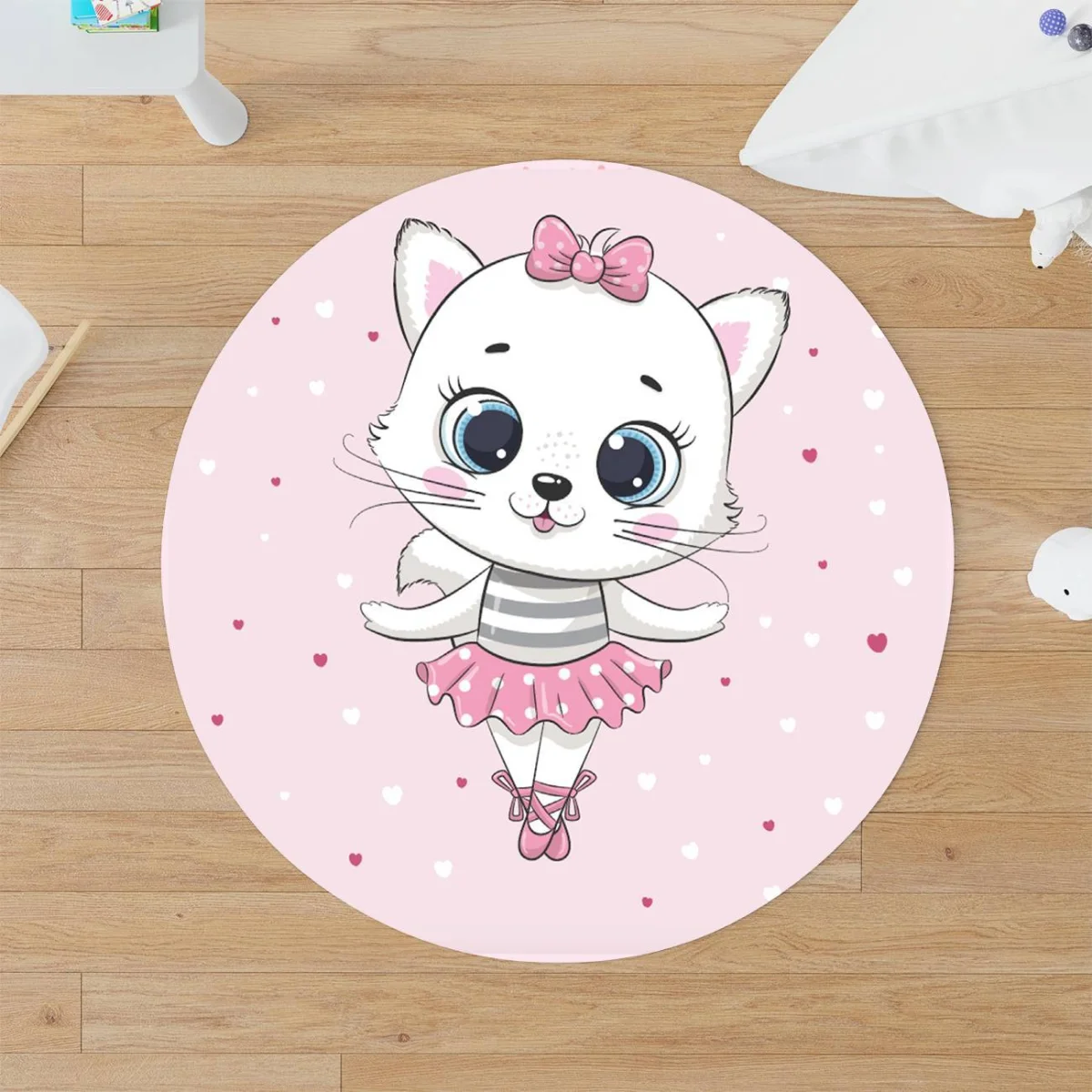 Balerin Kedi Yuvarlak Halı | Pembe Kalp Desenli
