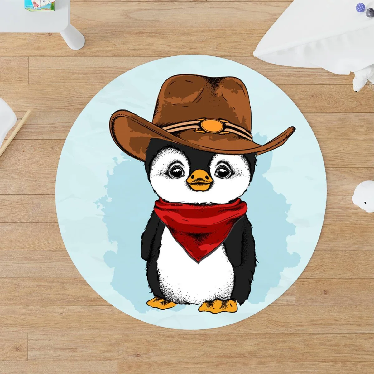 Kovboy Penguen Yuvarlak Halı | Mavi Soyut su sıçramaları Desenli