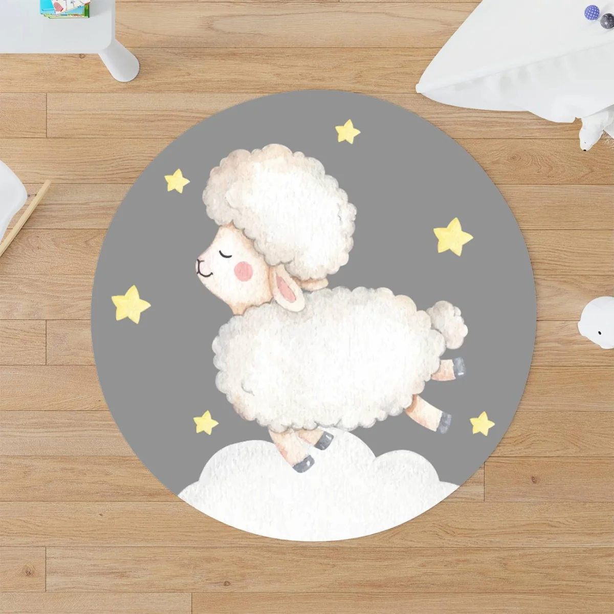 Kuzu Yuvarlak Halı | Gri yıldızlar, bulut Desenli