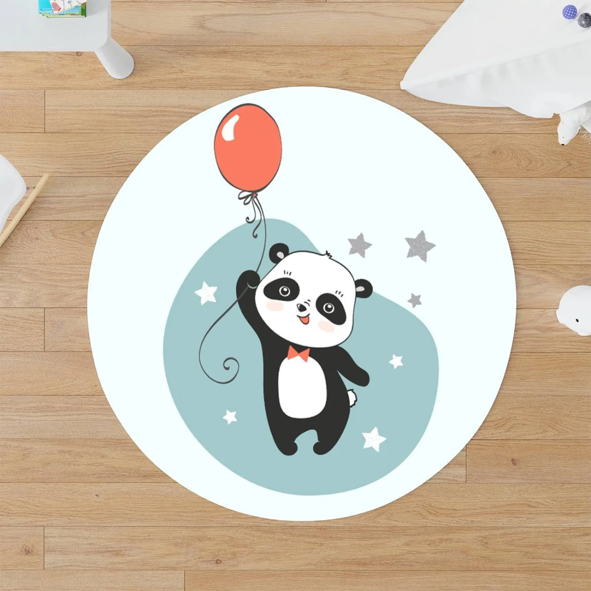 Panda Yuvarlak Halı | Açık Mavi balon, yıldız Desenli
