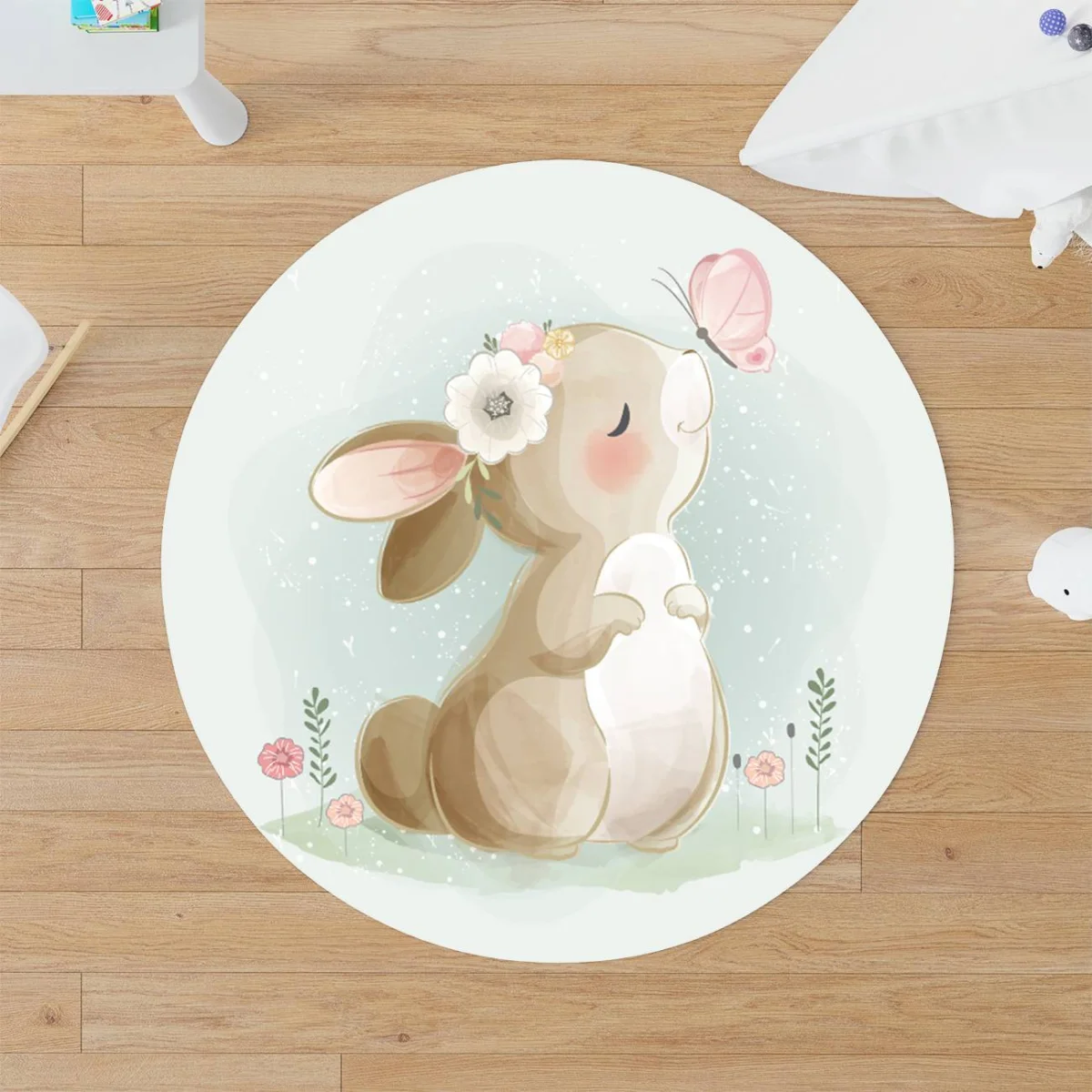 Tavşan Yuvarlak Halı | Açık Mavi kelebekler, çiçekler Desenli