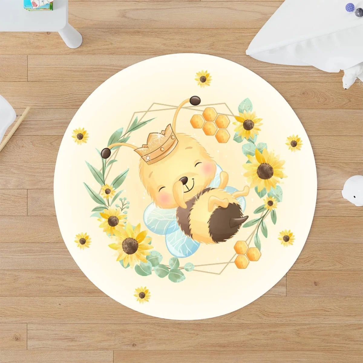 Arı Yuvarlak Halı | Sarı Ayçiçeği, bal peteği Desenli