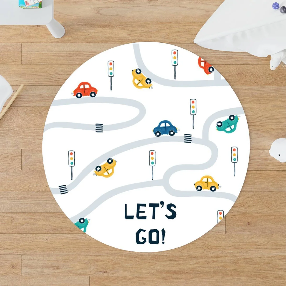 Arabalar Yuvarlak Halı | Beyaz Yol, trafik lambaları Desenli