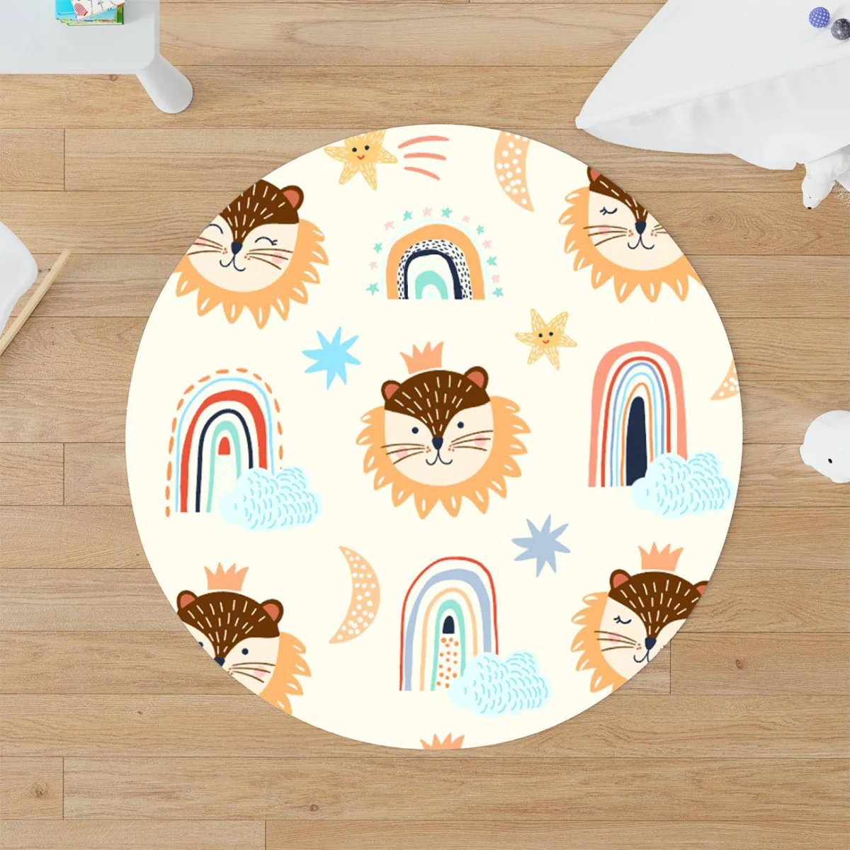 Orman Hayvanları Yuvarlak Halı | Beyaz gökkuşağı, yıldız Desenli