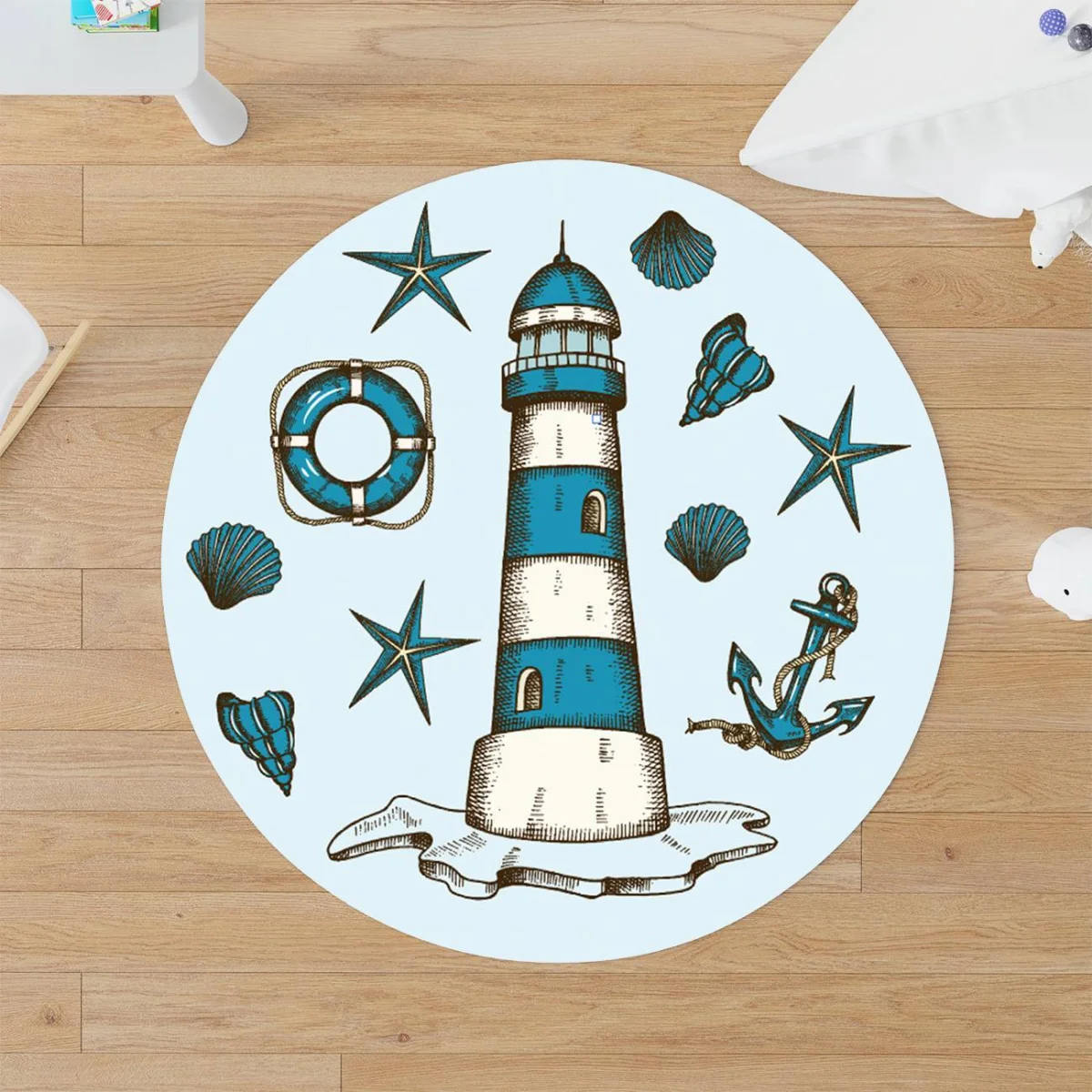 Denizcilik Yuvarlak Halı | Mavi Çapa, can simidi Desenli