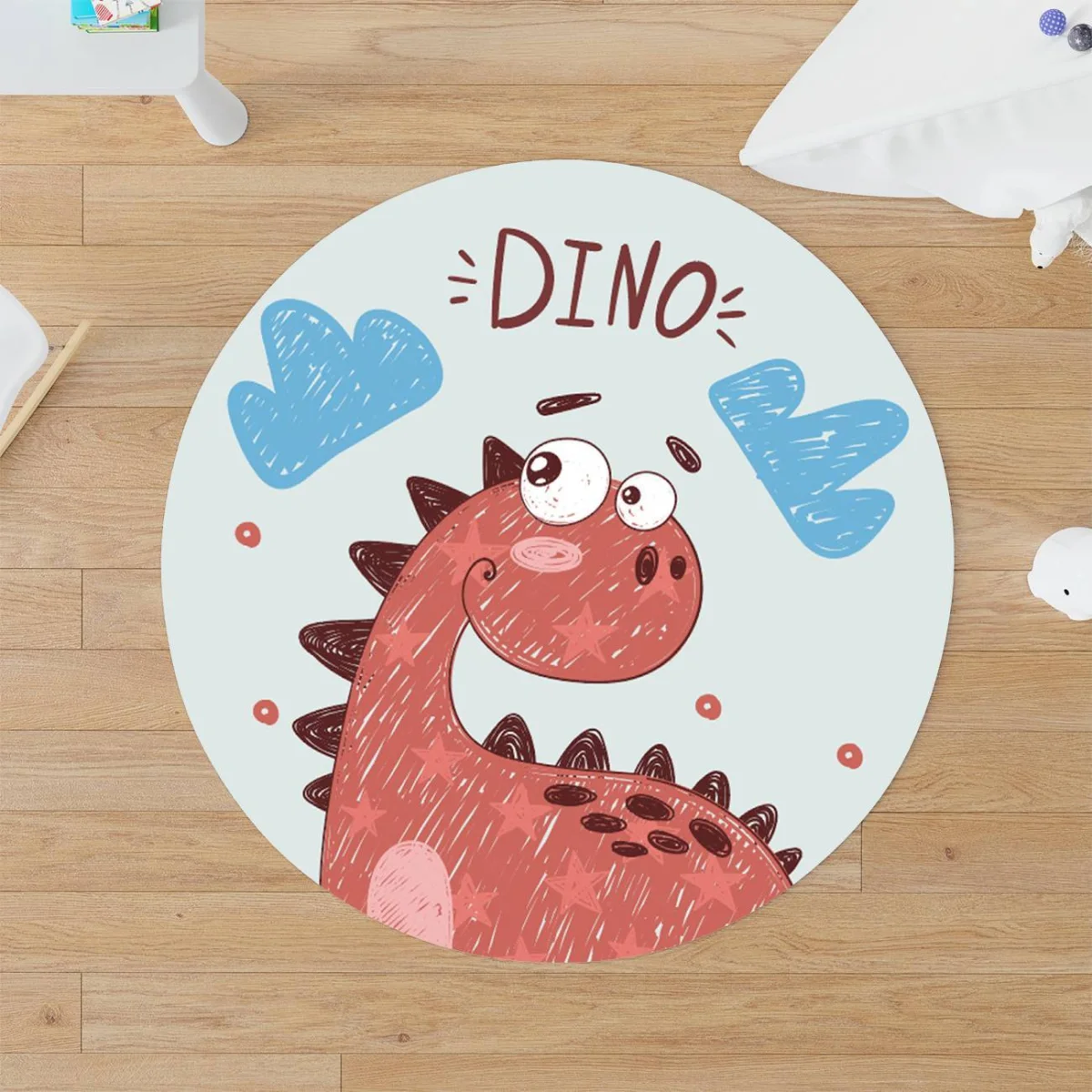 Dinozor Yuvarlak Halı | Mavi bulutlar, kaykay Desenli