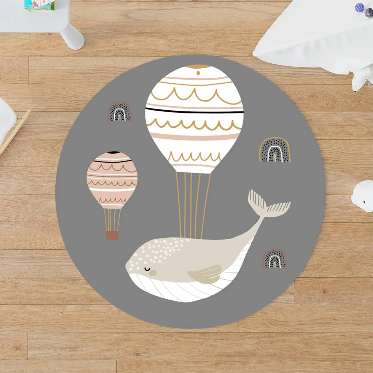 Balina ve Sıcak Hava Balonu Yuvarlak Halı | Gri gökkuşağı, sıcak hava balonu Desenli