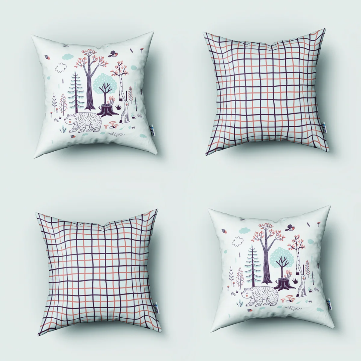 Orman Hayvanları 4lü Kırlent | Beyaz Ağaçlar, mantarlar Desenli