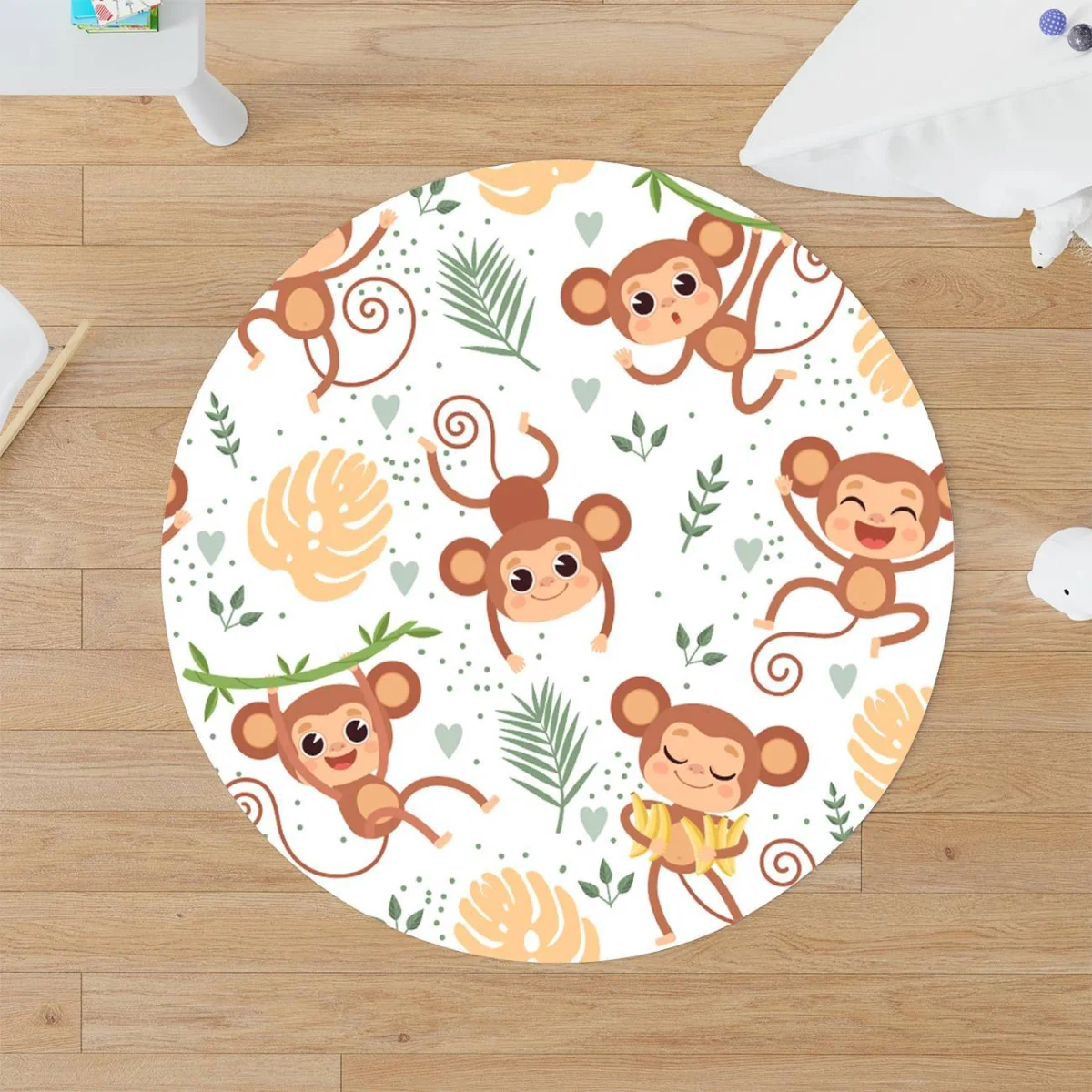 Maymunlar Yuvarlak Halı | Beyaz tropikal yapraklar, muzlar Desenli