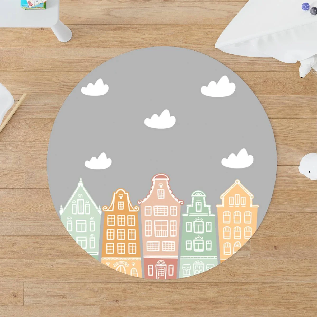Evler, şehir silüeti Yuvarlak Halı | Gri Bulut, renkli evler Desenli