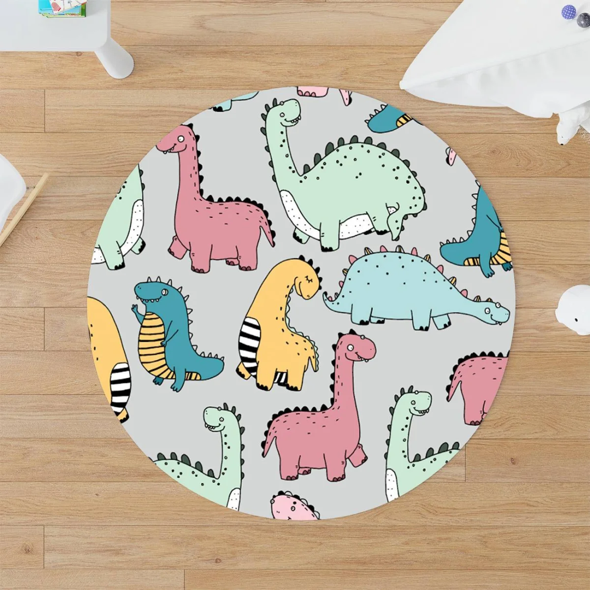 Dinozorlar Yuvarlak Halı | Gri yok Desenli