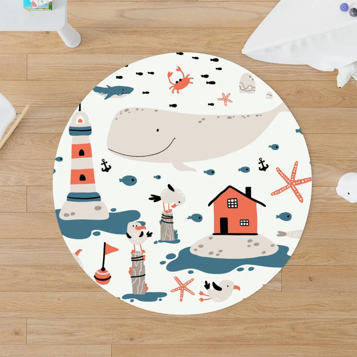 Deniz Teması Yuvarlak Halı | Beyaz Balina, deniz feneri Desenli