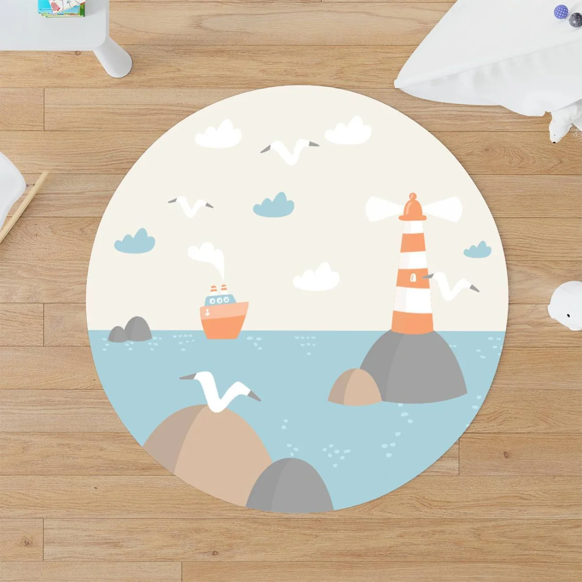 Denizcilik / Deniz kenarı Yuvarlak Halı | Krem deniz feneri, gemi Desenli