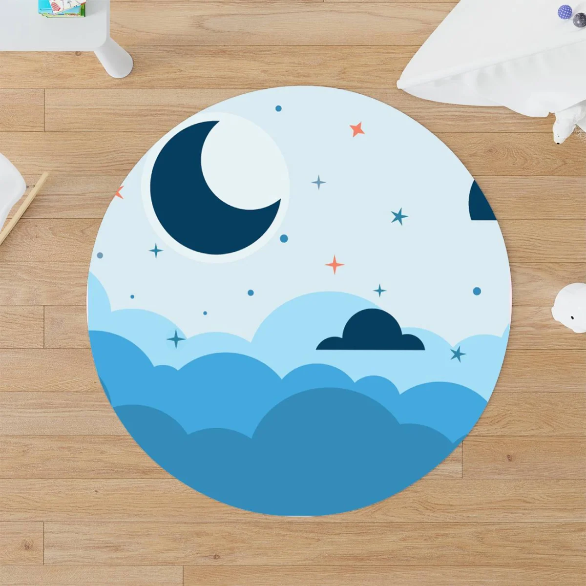 Ay ve Bulutlar Yuvarlak Halı | Mavi Ay, bulut Desenli