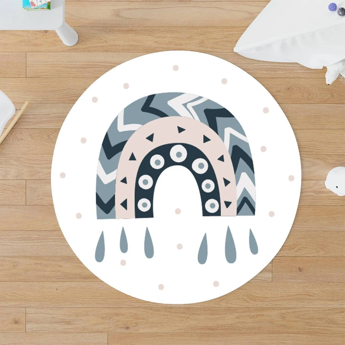 Gökkuşağı Yuvarlak Halı | Beyaz Gökkuşağı, geometrik desenler Desenli