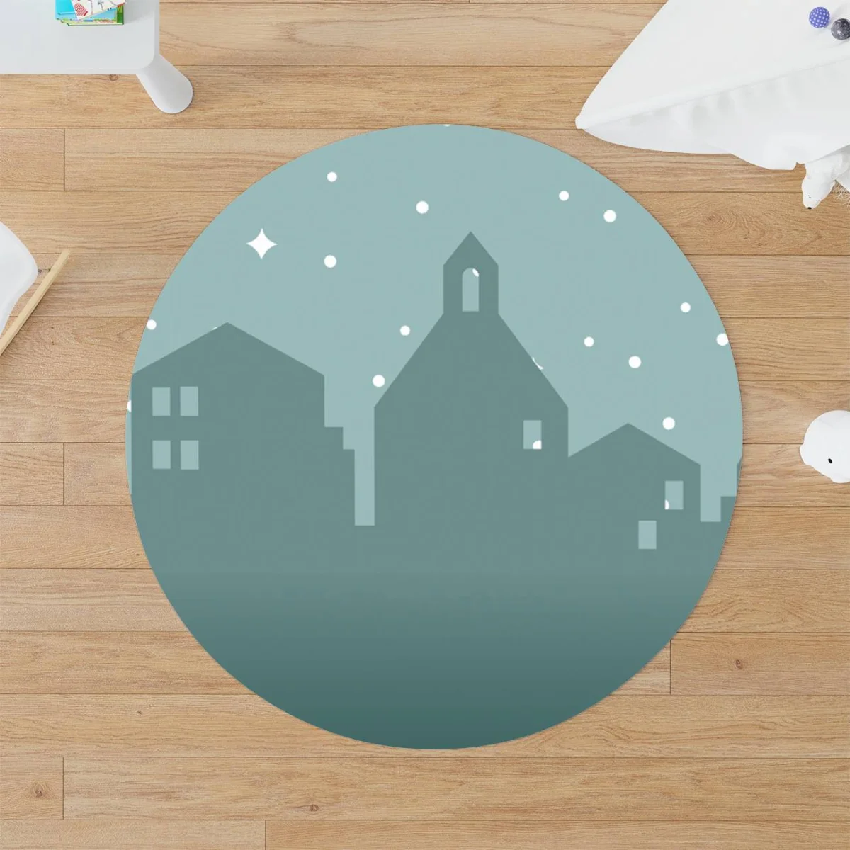 Şehir Silüeti Yuvarlak Halı | Mavi-yeşil yıldızlar, noktalar Desenli