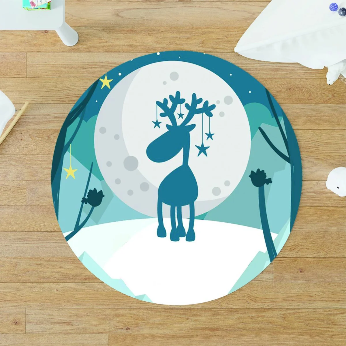 Geyik Yuvarlak Halı | Mavi yıldızlar, ay Desenli