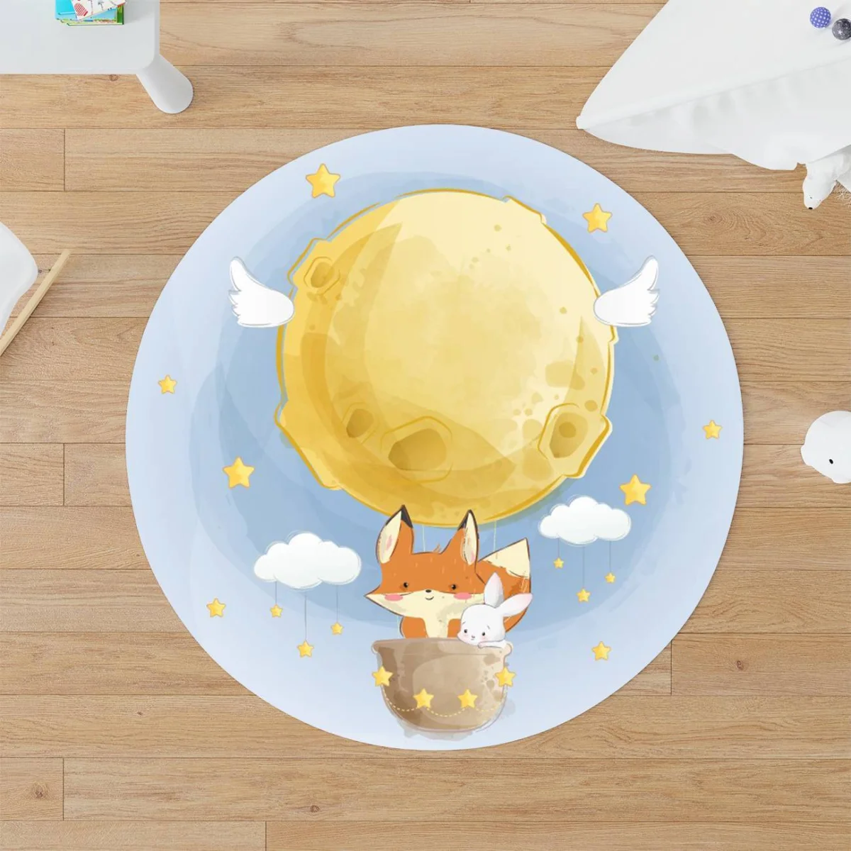 Uzay, Hayvanlar Yuvarlak Halı | Mavi yıldız, bulut Desenli