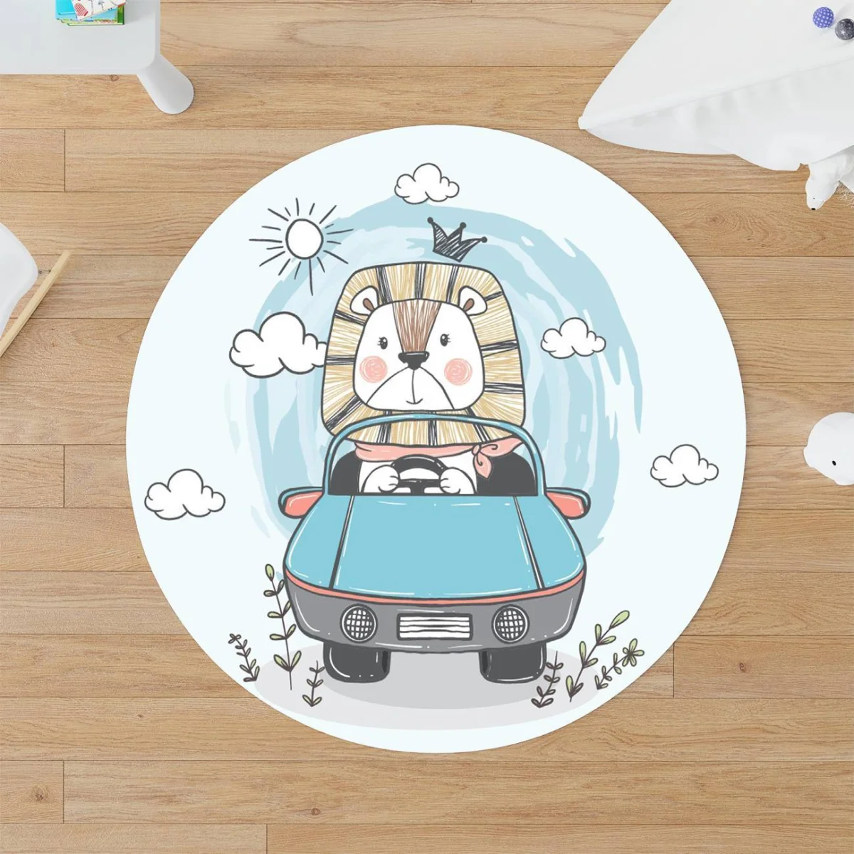 Aslan ve Araba Yuvarlak Halı | Mavi bulut, güneş Desenli