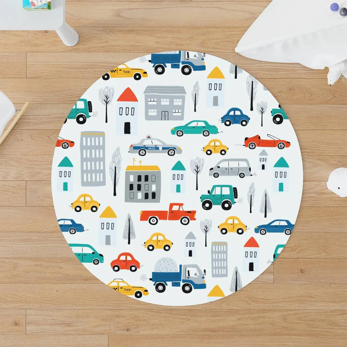 Araç Yuvarlak Halı | Beyaz güneş, ağaçlar Desenli