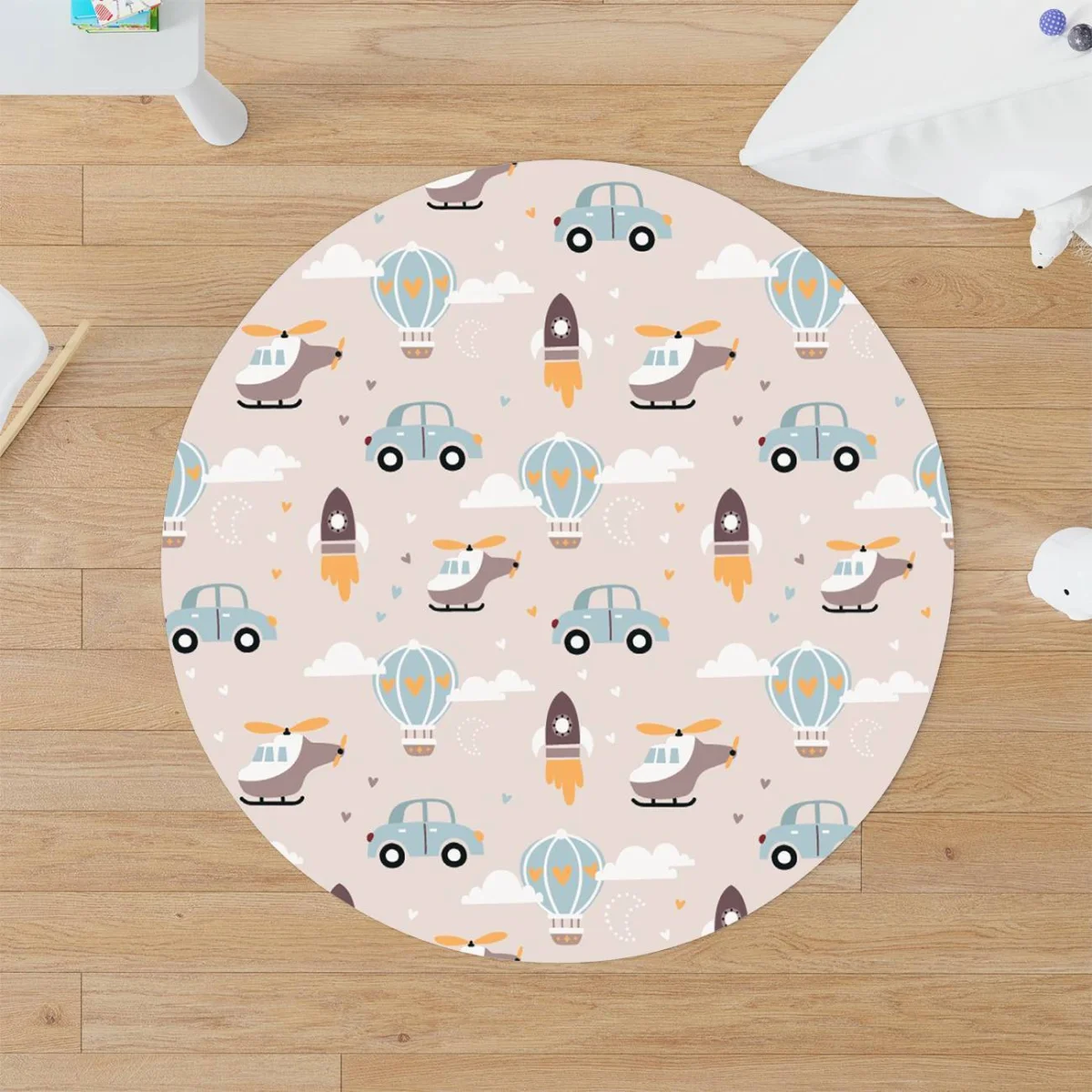 Ulaşım Araçları Yuvarlak Halı | Bej roket, helikopter Desenli