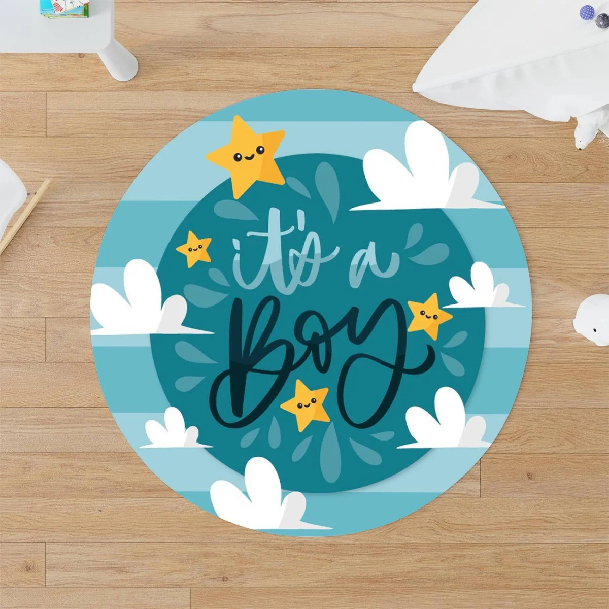 Yıldızlar ve Bulutlar Yuvarlak Halı | Mavi Yıldız, bulut Desenli