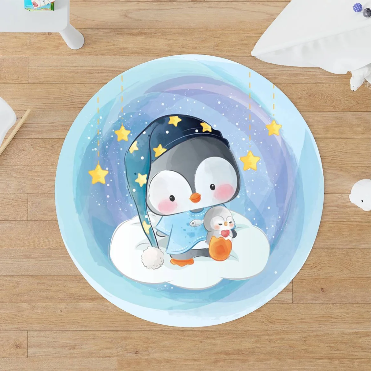 Penguen Yuvarlak Halı | Mavi yıldızlar, bulutlar Desenli